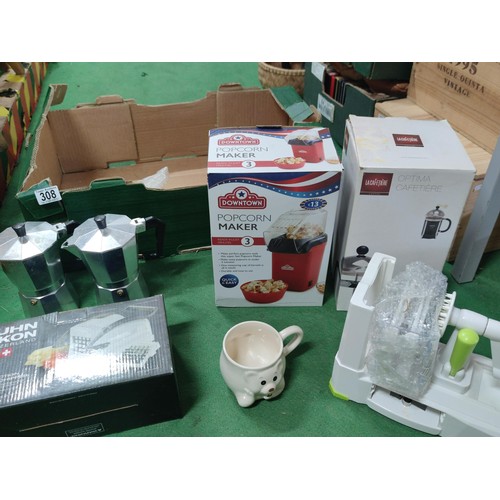 308 - A box containing a 5 bladed spiralizer a cafetiere, popcorn maker,2 moka pots etc.