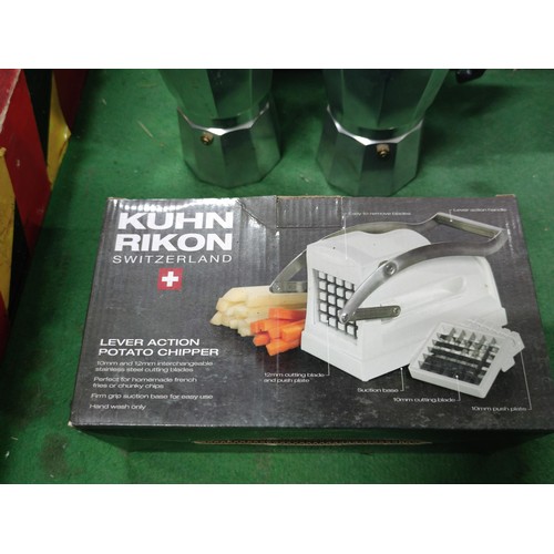 308 - A box containing a 5 bladed spiralizer a cafetiere, popcorn maker,2 moka pots etc.