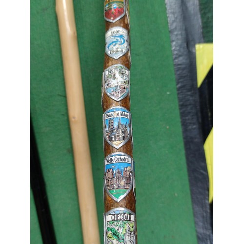 315 - A collection of 4 walking sticks including a collapsible mobility aid stick, one contains a large qu... 