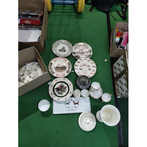 320 - A box containing a quantity of collectables including 9 plates relating to mining, hunting plate, Co... 