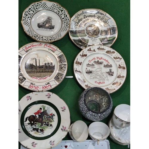 320 - A box containing a quantity of collectables including 9 plates relating to mining, hunting plate, Co... 