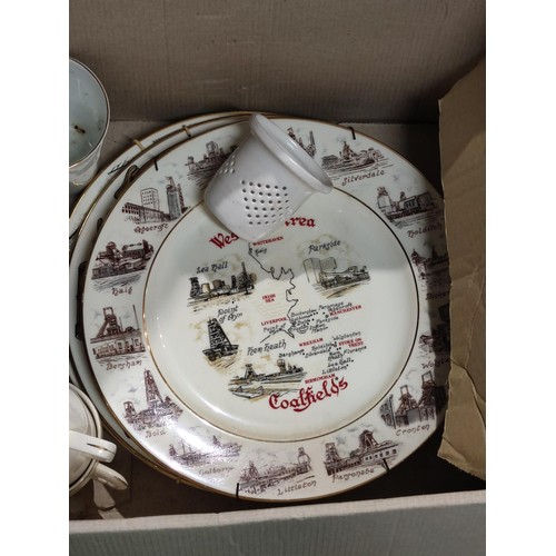 320 - A box containing a quantity of collectables including 9 plates relating to mining, hunting plate, Co... 