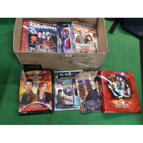 321 - A box containing a large quantity of Dr Who memorabilia. Including storybooks, annuals, sealed magaz... 