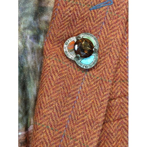 326 - A ladies next (size 14) Cheetah pattern coat with a lea stein style brooch to the lapel,
a tweed ter... 