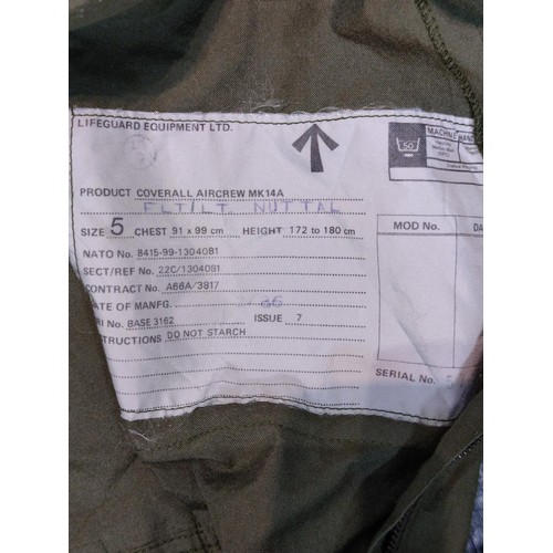 328 - An air crew mk 14A jumpsuit with broad arrow mark size 5. In good order, name and rank badges have b... 