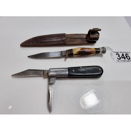 346 - 2 collectable knives including a vintage small antler handled knife with an aluminium pommel, made i... 