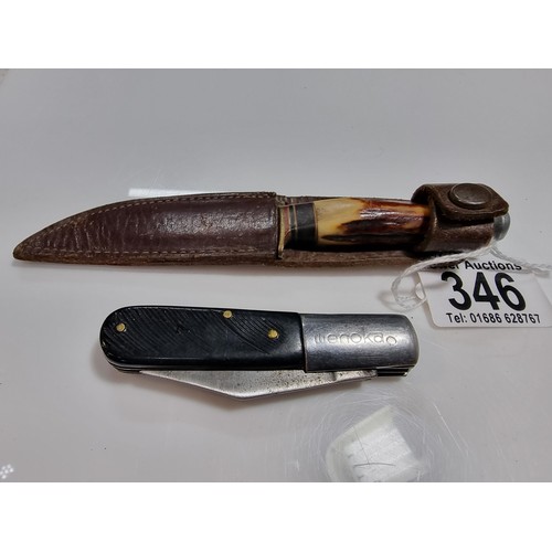 346 - 2 collectable knives including a vintage small antler handled knife with an aluminium pommel, made i... 