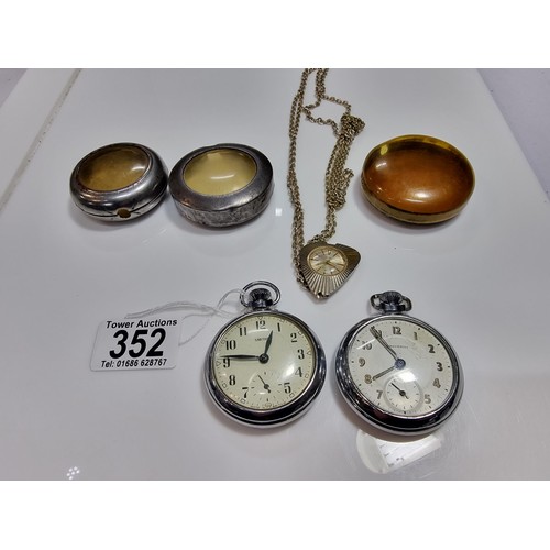 352 - 2 x pocket watches. A smiths and a Ingersoll along with a smith pendant watch and 3 pocket watch cas... 