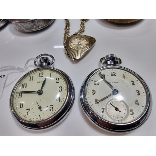 352 - 2 x pocket watches. A smiths and a Ingersoll along with a smith pendant watch and 3 pocket watch cas... 