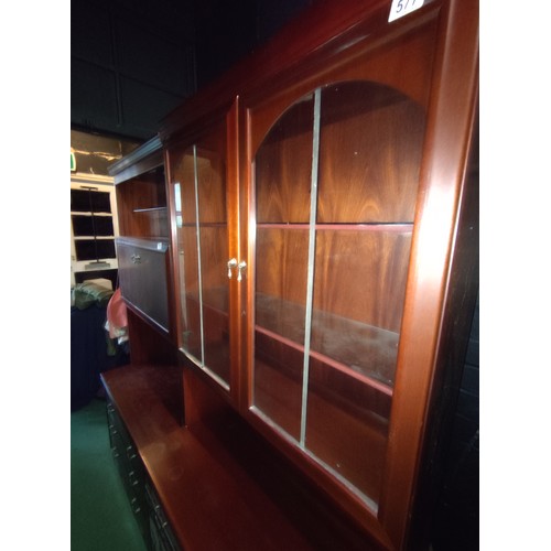 577 - Mahogany stag glazed cabinet with 2x glazed shelves inside, 1x drawer ovr 2x cupboard doors and draw... 