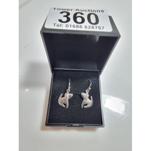 360 - A pair of 925 silver dog formed drop earrings in clean boxed condition (marked 925).