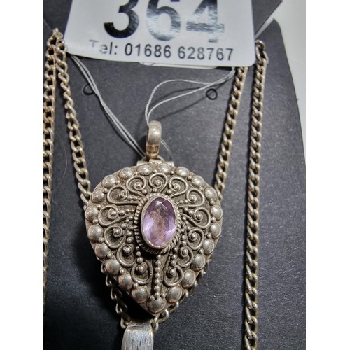 364 - 2 x 925 silver locket pendants including a vintage ornate heart pendant inset with an amethyst gemst... 