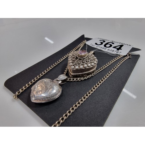 364 - 2 x 925 silver locket pendants including a vintage ornate heart pendant inset with an amethyst gemst... 