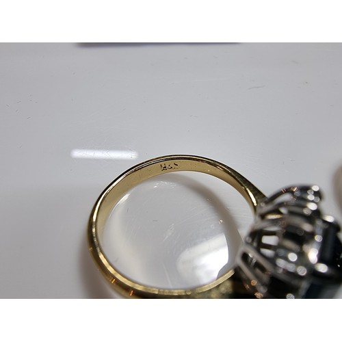 382 - 2 x Ornate costume gold plated dress rings, both are cluster style inset with purple, blue and clear... 