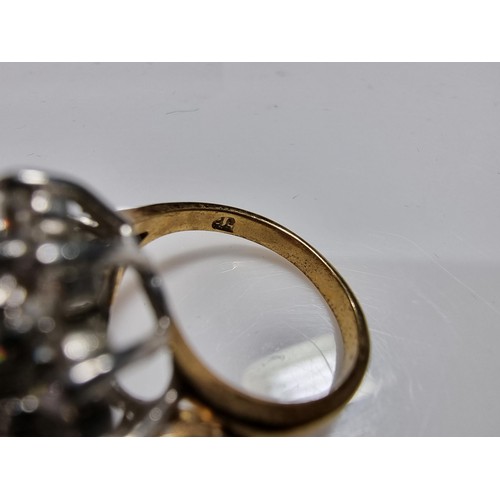382 - 2 x Ornate costume gold plated dress rings, both are cluster style inset with purple, blue and clear... 