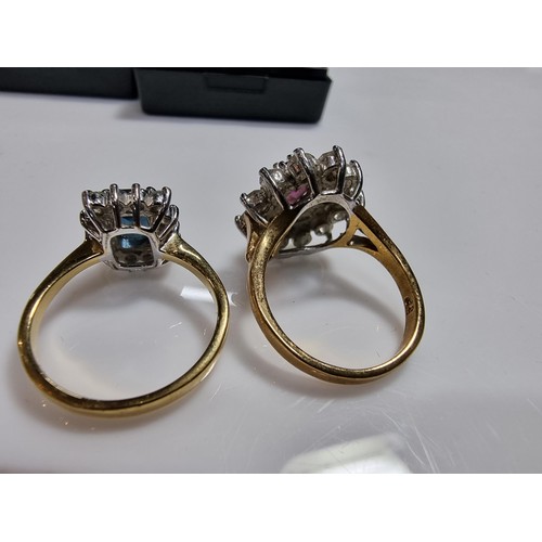382 - 2 x Ornate costume gold plated dress rings, both are cluster style inset with purple, blue and clear... 
