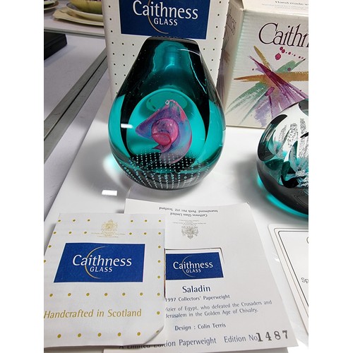 426 - 3 x boxed caithness limited edition paperweights with all paperwork including, saladin 1997, floral ... 