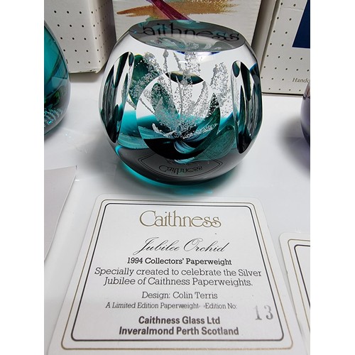 426 - 3 x boxed caithness limited edition paperweights with all paperwork including, saladin 1997, floral ... 