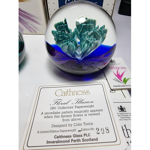 426 - 3 x boxed caithness limited edition paperweights with all paperwork including, saladin 1997, floral ... 