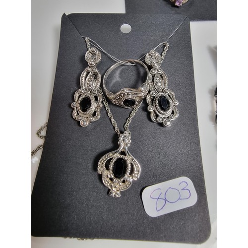 439 - A quantity of 5 matching jewellery sets, 3 of the sets are 925 silver including ones inset with amet... 