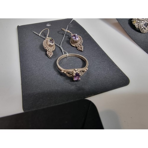 439 - A quantity of 5 matching jewellery sets, 3 of the sets are 925 silver including ones inset with amet... 