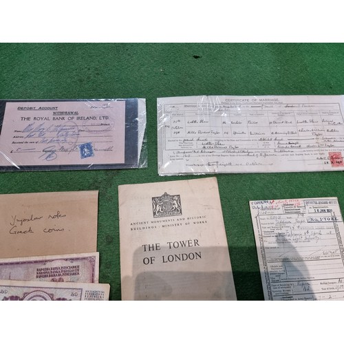 440 - a quantity of ephemera including world bank notes, marriage certificate, small jubilee flags, kensit... 