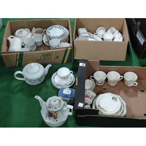 300 - 3 boxes containing partial tea sets including a 27 piece Churchill set, a 17 piece Royal Doulton pas... 