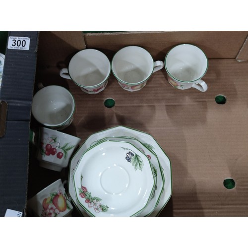 300 - 3 boxes containing partial tea sets including a 27 piece Churchill set, a 17 piece Royal Doulton pas... 
