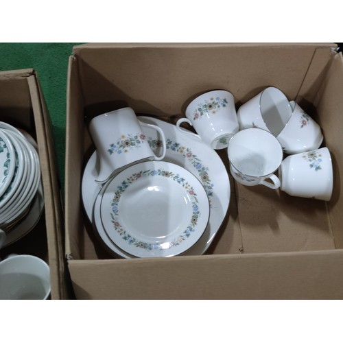 300 - 3 boxes containing partial tea sets including a 27 piece Churchill set, a 17 piece Royal Doulton pas... 