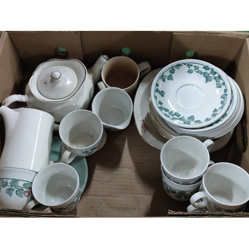 300 - 3 boxes containing partial tea sets including a 27 piece Churchill set, a 17 piece Royal Doulton pas... 