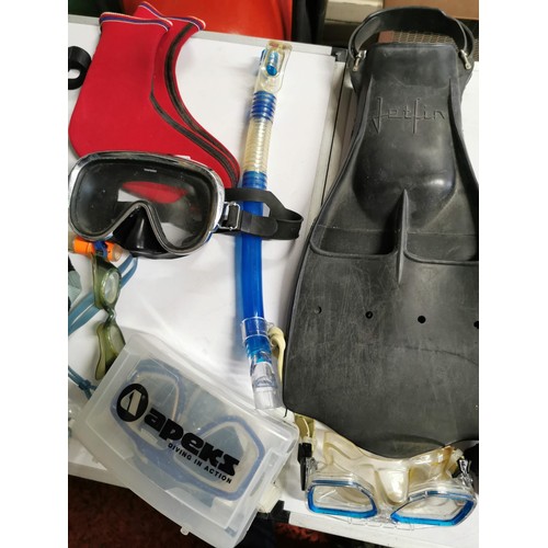 1 - Quantity of scuba diving equipment inc goggles flippers by Jetfin along with socks etc all in good o... 