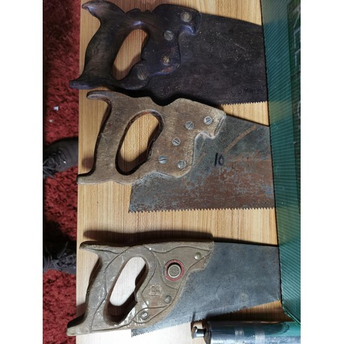 13 - Box containing a quantity of vintage hand saws along with furniture movers, grease gun, etc all in g... 