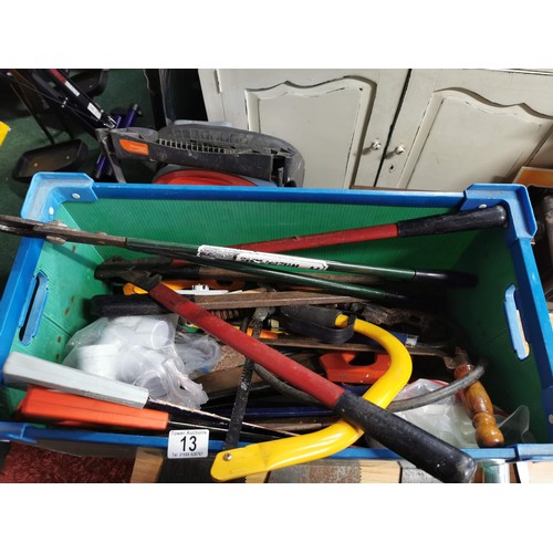 13 - Box containing a quantity of vintage hand saws along with furniture movers, grease gun, etc all in g... 