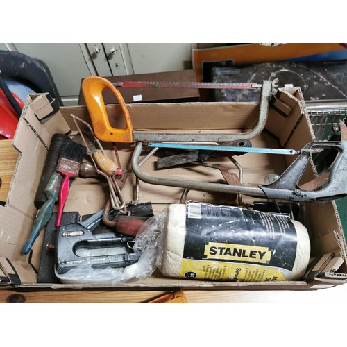 14 - Box containing a quantity of tools inc hack saws, a torch, hammers staple guns etc