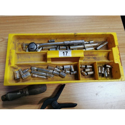 17 - Plastic tool box containing a quantity of tools inc chisels, mole grips, socket sets etc