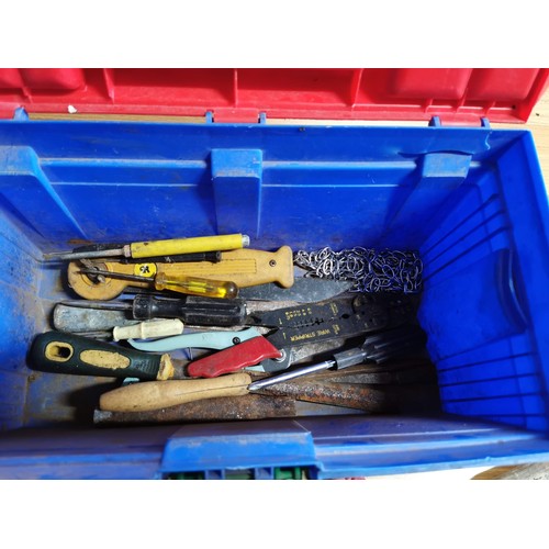 17 - Plastic tool box containing a quantity of tools inc chisels, mole grips, socket sets etc