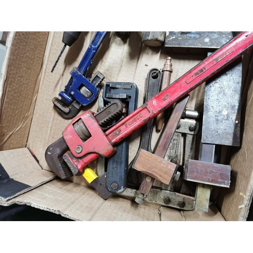 18 - 2x boxes of tools, door latches, electrical items along with a vintage Oregon hand saw, gas blow tor... 