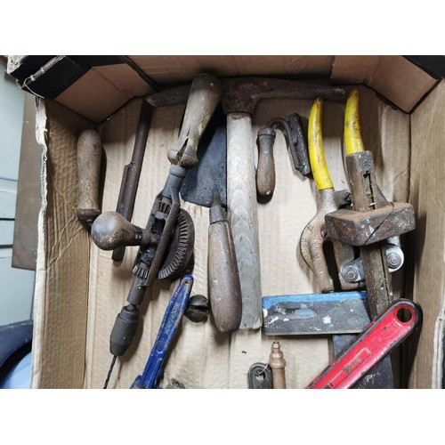 18 - 2x boxes of tools, door latches, electrical items along with a vintage Oregon hand saw, gas blow tor... 