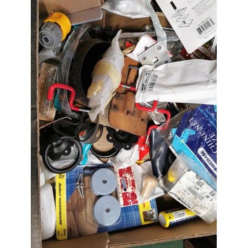 18 - 2x boxes of tools, door latches, electrical items along with a vintage Oregon hand saw, gas blow tor... 