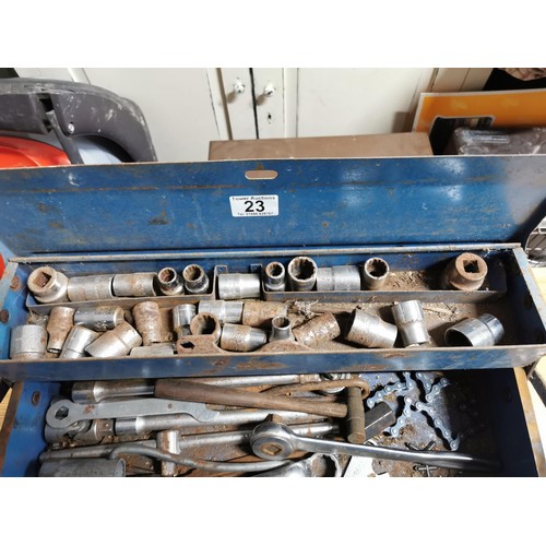 23 - Cantilever tool box full of tools inc spanners, torque wrench, sockets etc