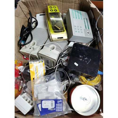 26 - Box of electrical items inc computer speakers, sky box, scart leads, alarm system along with a large... 