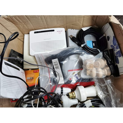 26 - Box of electrical items inc computer speakers, sky box, scart leads, alarm system along with a large... 