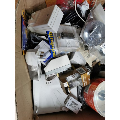 26 - Box of electrical items inc computer speakers, sky box, scart leads, alarm system along with a large... 