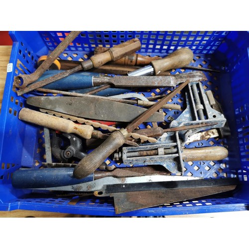 30 - 2x boxes of assorted tools inc G clamps, chisels, wood planes and spanners