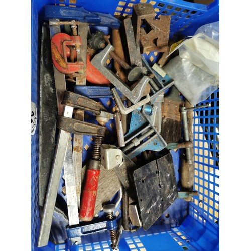 30 - 2x boxes of assorted tools inc G clamps, chisels, wood planes and spanners