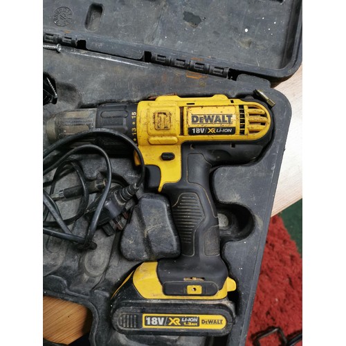 34 - Cased DeWalt rechargeable 18v drill complete with charger and spare battery, along with an electric ... 