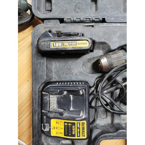 34 - Cased DeWalt rechargeable 18v drill complete with charger and spare battery, along with an electric ... 