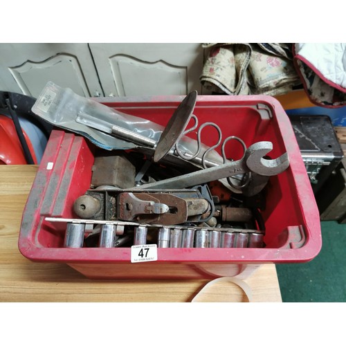 47 - Box containing a quantity of tools inc pipe cutters, socket sets, hand drills along with a box conta... 