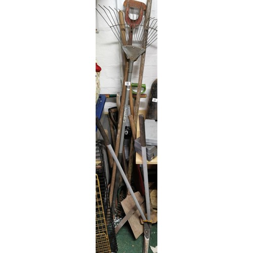 50 - Quantity of vintage garden tools inc lawn rake, grass rake, sledge hammer, shovels forks etc