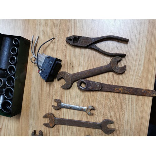 54 - Metal tool box containing a quantity of vintage tools inc spanners, sockets, rulers, security cable ... 